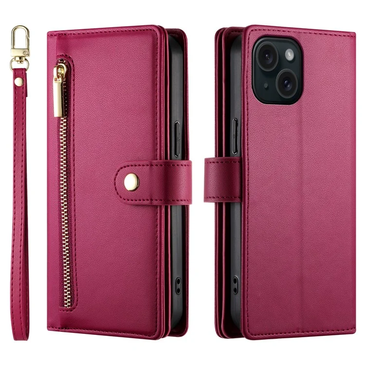 DF-011 For iPhone 15 Case Crossbody Leather Cover with Zipper Pocket Multiple Card Slots - Red