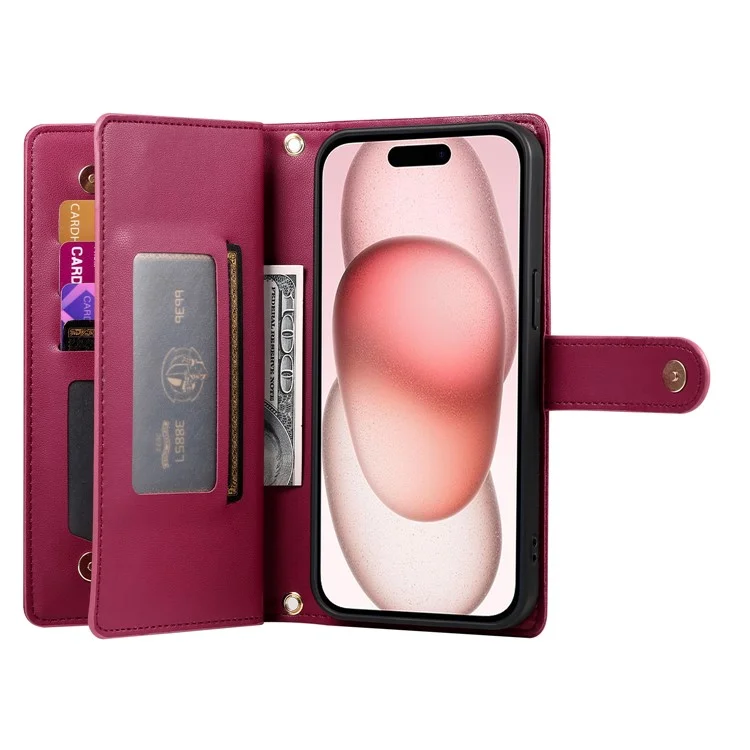 DF-011 For iPhone 15 Case Crossbody Leather Cover with Zipper Pocket Multiple Card Slots - Red