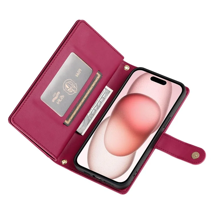 DF-011 For iPhone 15 Case Crossbody Leather Cover with Zipper Pocket Multiple Card Slots - Red