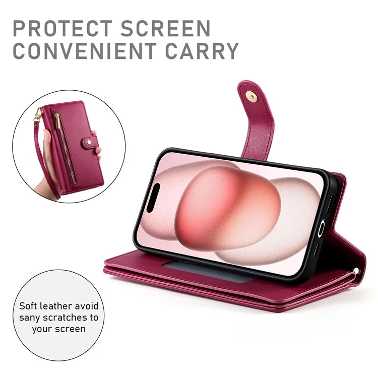 DF-011 For iPhone 15 Case Crossbody Leather Cover with Zipper Pocket Multiple Card Slots - Red