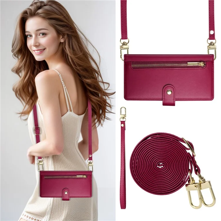 DF-011 For iPhone 15 Case Crossbody Leather Cover with Zipper Pocket Multiple Card Slots - Red