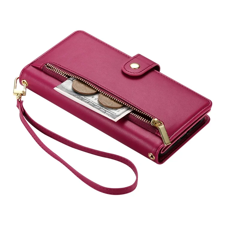 DF-011 For iPhone 15 Case Crossbody Leather Cover with Zipper Pocket Multiple Card Slots - Red
