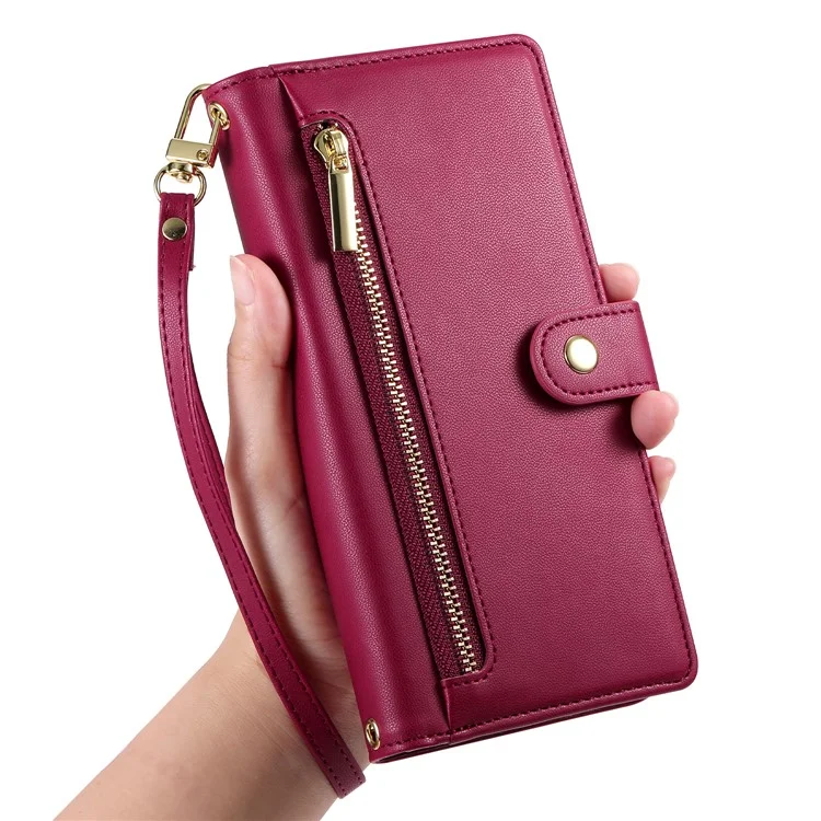 DF-011 For iPhone 15 Case Crossbody Leather Cover with Zipper Pocket Multiple Card Slots - Red