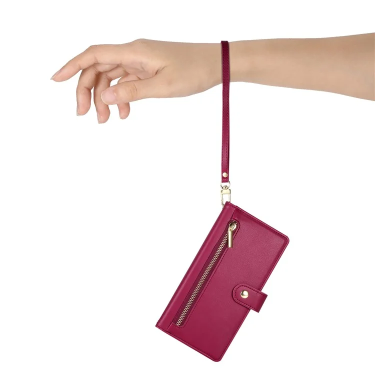 DF-011 For iPhone 15 Case Crossbody Leather Cover with Zipper Pocket Multiple Card Slots - Red