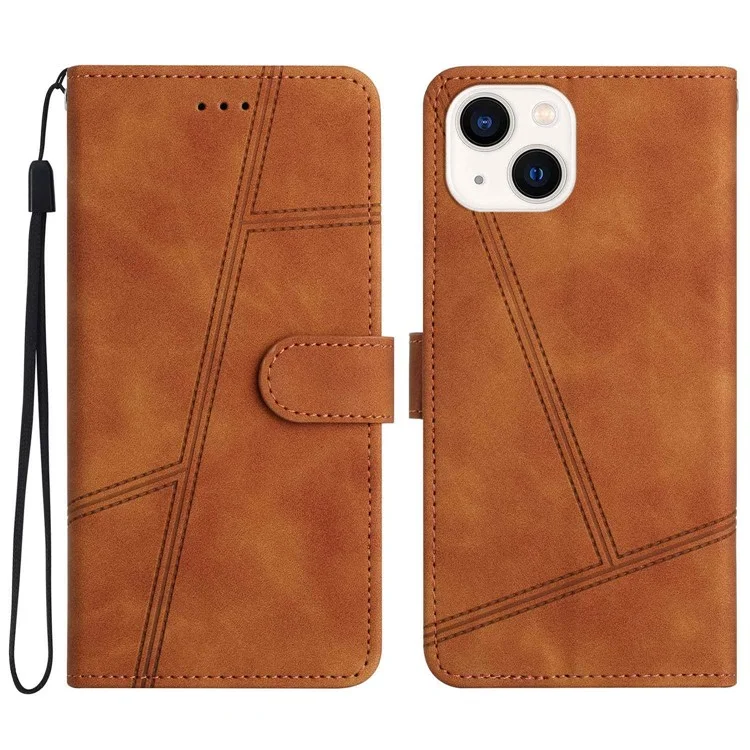 Funda de teléfono con diseño de cartera de piel sintética vintage para iPhone 14, con sensación de piel y líneas estampadas - Marrón