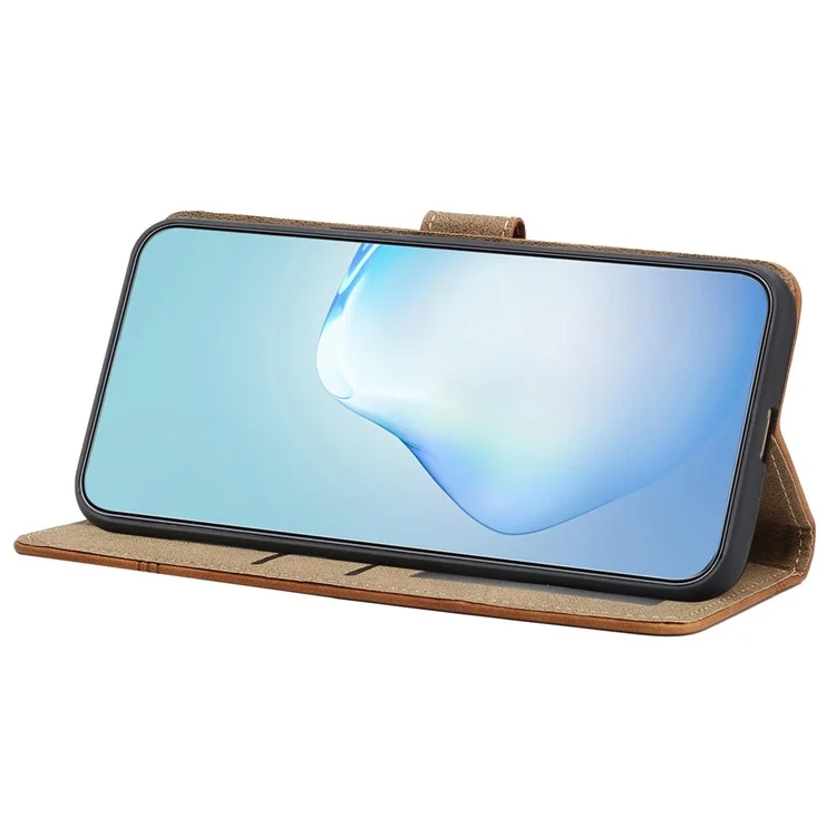Funda de teléfono con diseño de cartera de piel sintética vintage para iPhone 14, con sensación de piel y líneas estampadas - Marrón