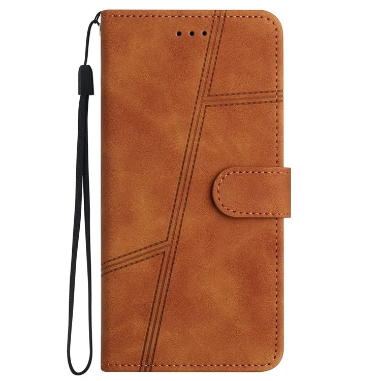Funda de teléfono con diseño de cartera de piel sintética vintage para iPhone 14, con sensación de piel y líneas estampadas - Marrón
