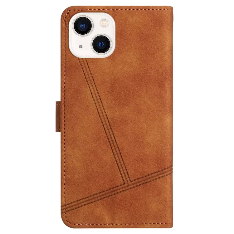 Funda de teléfono con diseño de cartera de piel sintética vintage para iPhone 14, con sensación de piel y líneas estampadas - Marrón