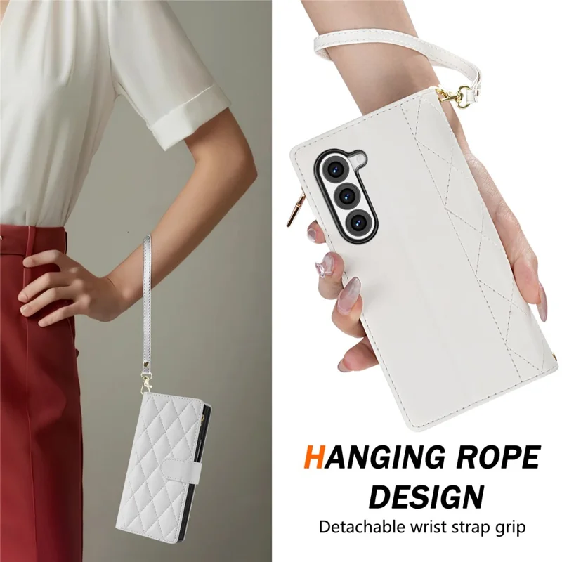 CSJ-P2 For Samsung Galaxy Z Fold6 5G Phone Case Stitching Leather Wallet Cover with Straps - White