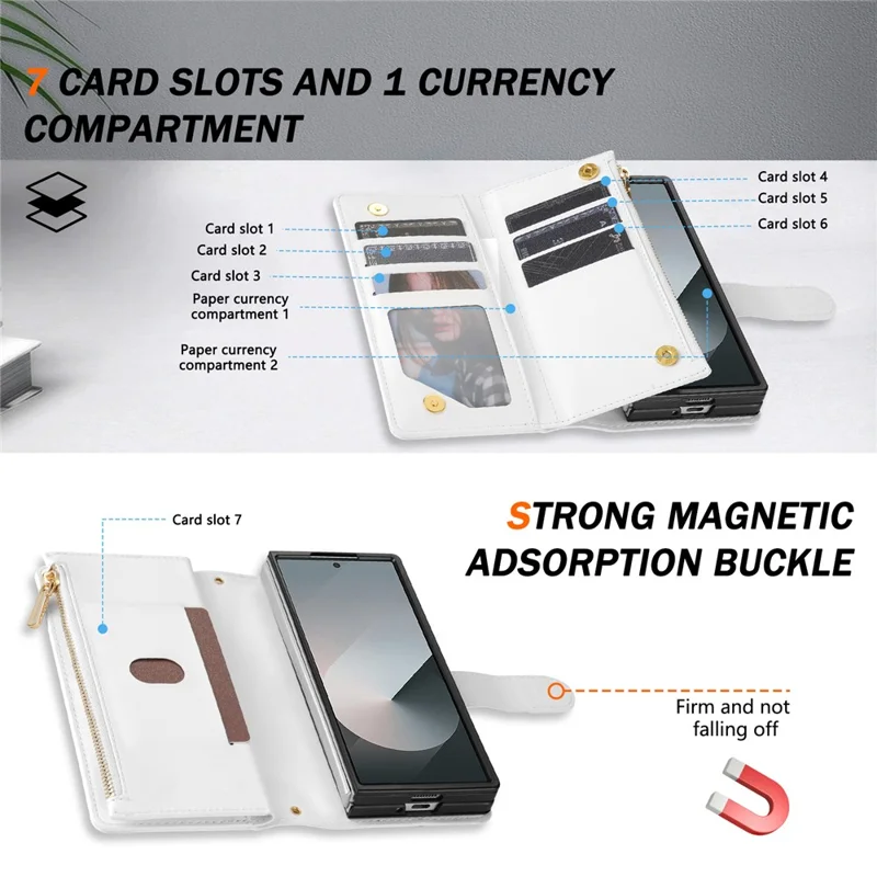 CSJ-P2 For Samsung Galaxy Z Fold6 5G Phone Case Stitching Leather Wallet Cover with Straps - White