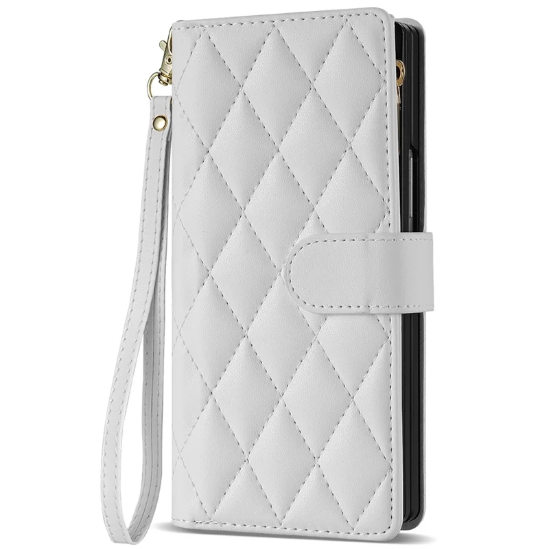 CSJ-P2 For Samsung Galaxy Z Fold6 5G Phone Case Stitching Leather Wallet Cover with Straps - White