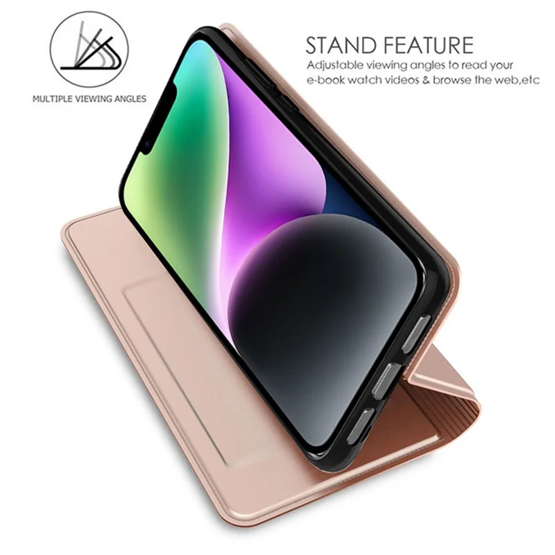 Case para iPhone 14 com Fecho Magnético, Capa de Telefone de Couro com Porta-Cartões e Suporte para Visualização - Rosa Dourado