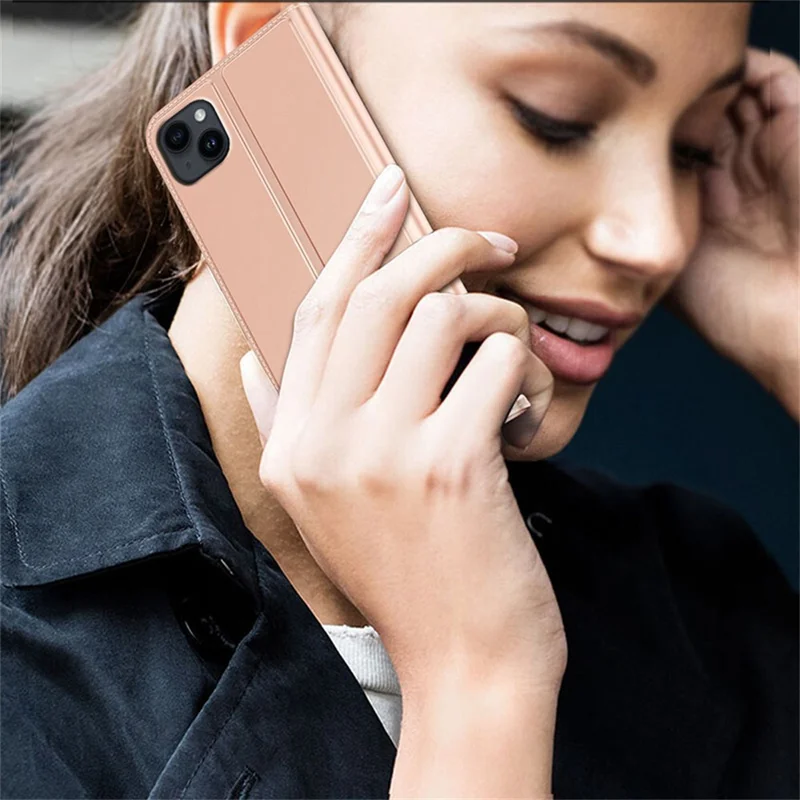 Case para iPhone 14 com Fecho Magnético, Capa de Telefone de Couro com Porta-Cartões e Suporte para Visualização - Rosa Dourado