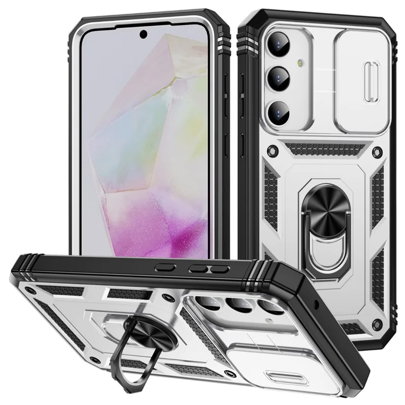 Per Samsung Galaxy A35 5G Case TPU+PC Supporto per telefono Custodia con coperchio scorrevole dell'obiettivo - Bianco