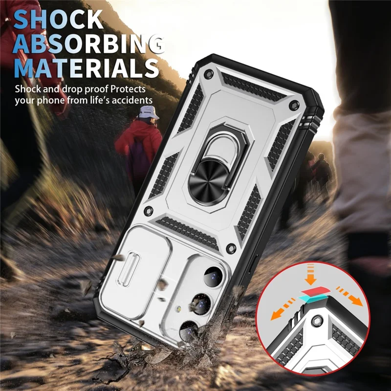 Pour Samsung Galaxy A55 5G Kickstand Case TPU+PC Camshield Hybrid Phone Cover - Blanc