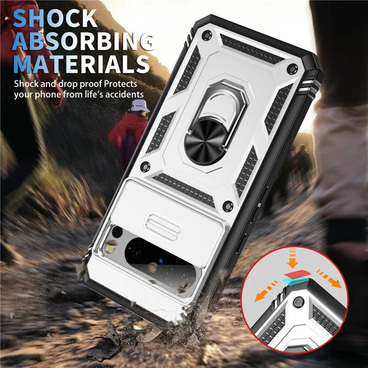 For Google Pixel 8 Pro Case Camshield Ring Holder Kickstand TPU+PC Phone Cover - White