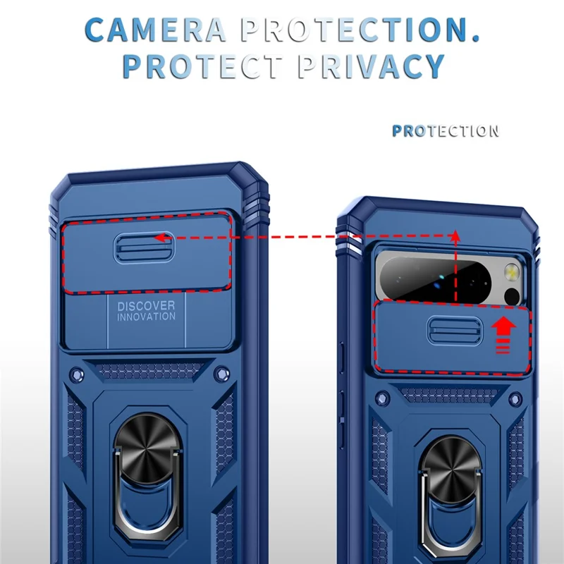 For Google Pixel 8 Pro Case Camshield Ring Holder Kickstand TPU+PC Phone Cover - Blue