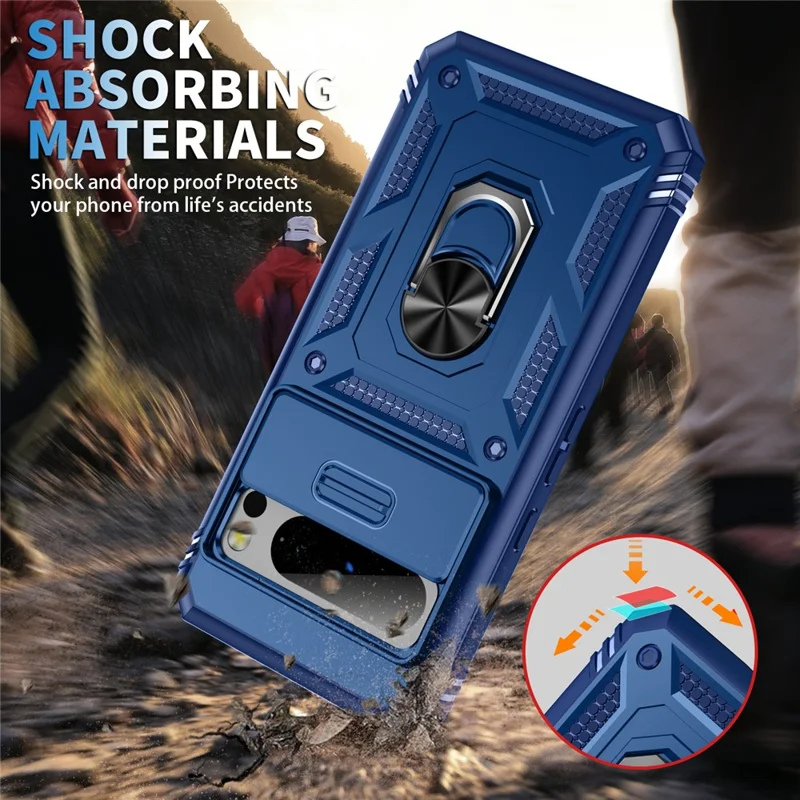 For Google Pixel 8 Pro Case Camshield Ring Holder Kickstand TPU+PC Phone Cover - Blue