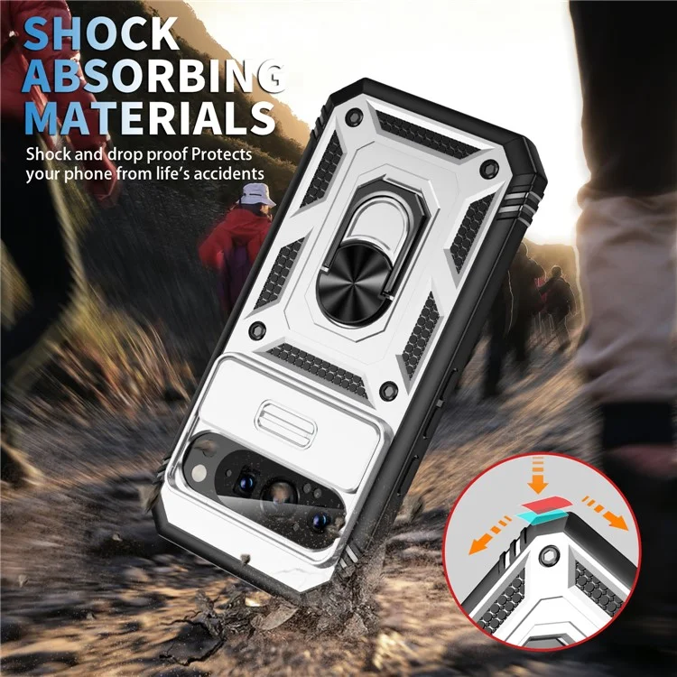 For Google Pixel 9 Pro XL Case Slide Lens Cover Kickstand TPU+PC Phone Protector - White