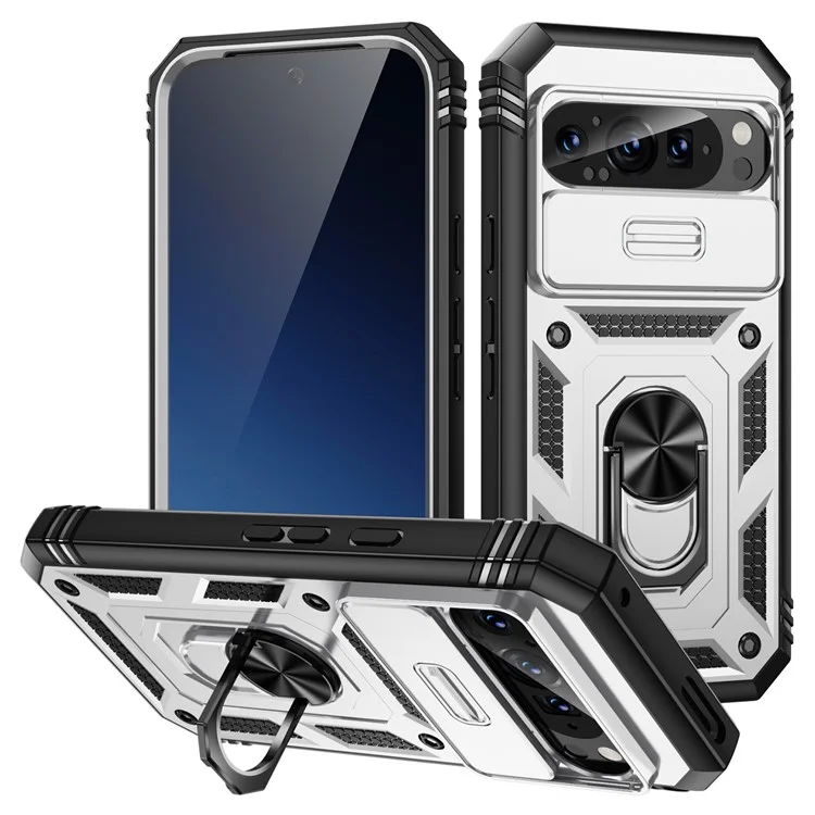 Für Google Pixel 9 / Pixel 9 Pro Hülle Camshield Rotary Kickstand TPU+PC Handyhülle - Weiß