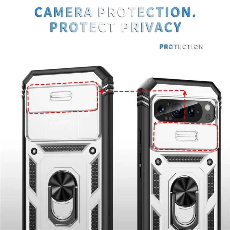 Für Google Pixel 9 / Pixel 9 Pro Hülle Camshield Rotary Kickstand TPU+PC Handyhülle - Weiß