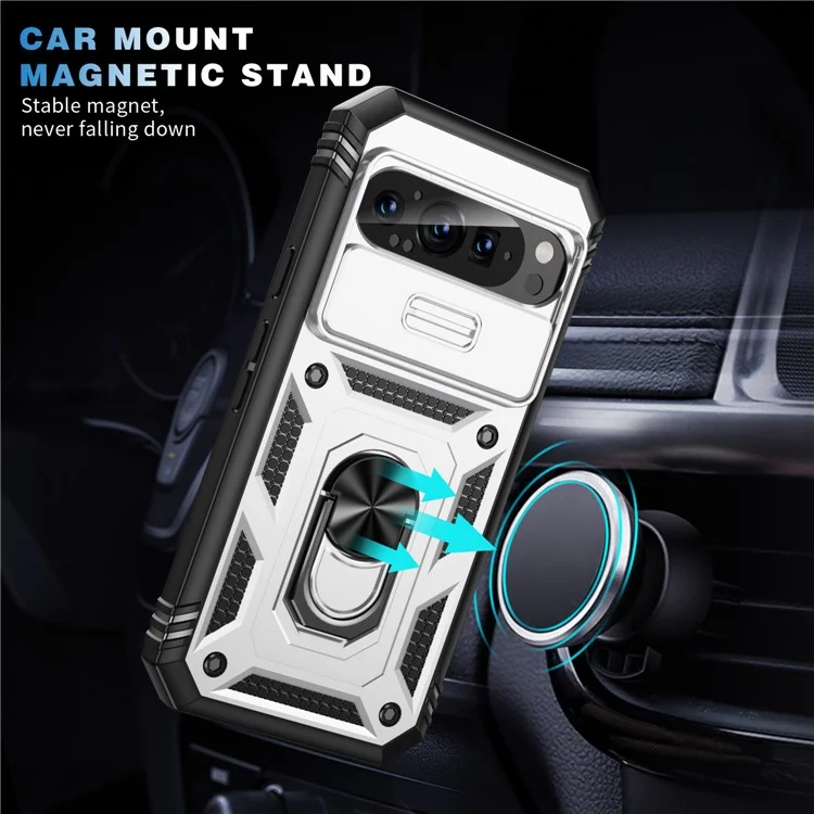 Für Google Pixel 9 / Pixel 9 Pro Hülle Camshield Rotary Kickstand TPU+PC Handyhülle - Weiß
