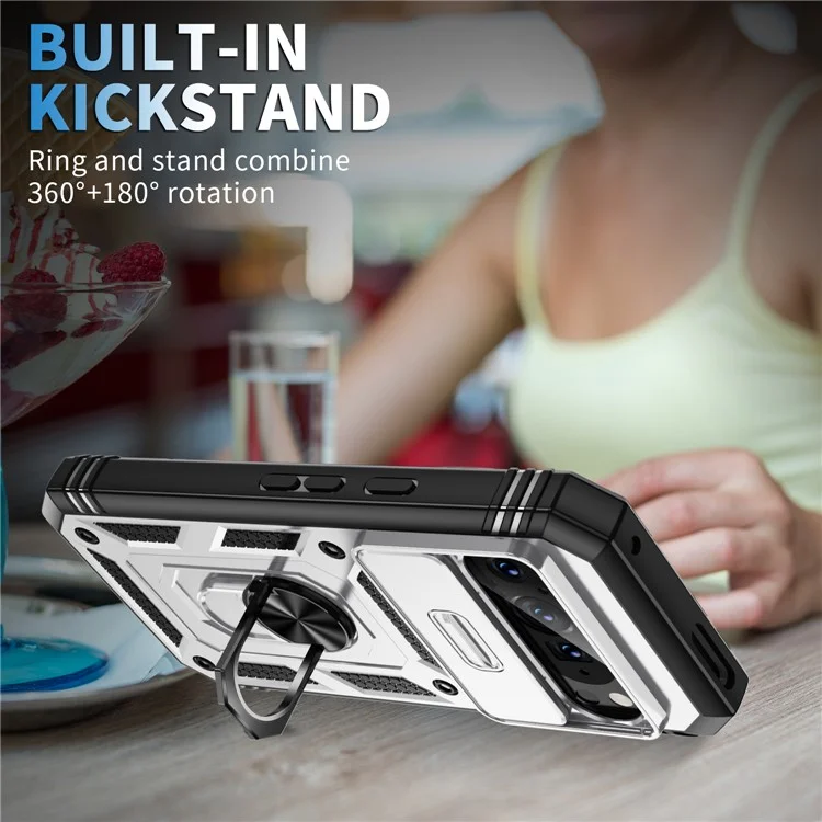 Für Google Pixel 9 / Pixel 9 Pro Hülle Camshield Rotary Kickstand TPU+PC Handyhülle - Weiß