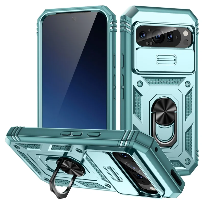 For Google Pixel 9 / Pixel 9 Pro Case Camshield Rotary Kickstand TPU+PC Phone Cover - Green