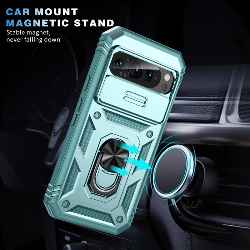 For Google Pixel 9 / Pixel 9 Pro Case Camshield Rotary Kickstand TPU+PC Phone Cover - Green