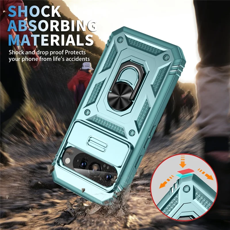 For Google Pixel 9 / Pixel 9 Pro Case Camshield Rotary Kickstand TPU+PC Phone Cover - Green