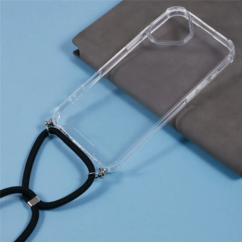 For iPhone 16 Plus Clear Case Acrylic + TPU Corners Shockproof Phone Cover with Lanyard - Black