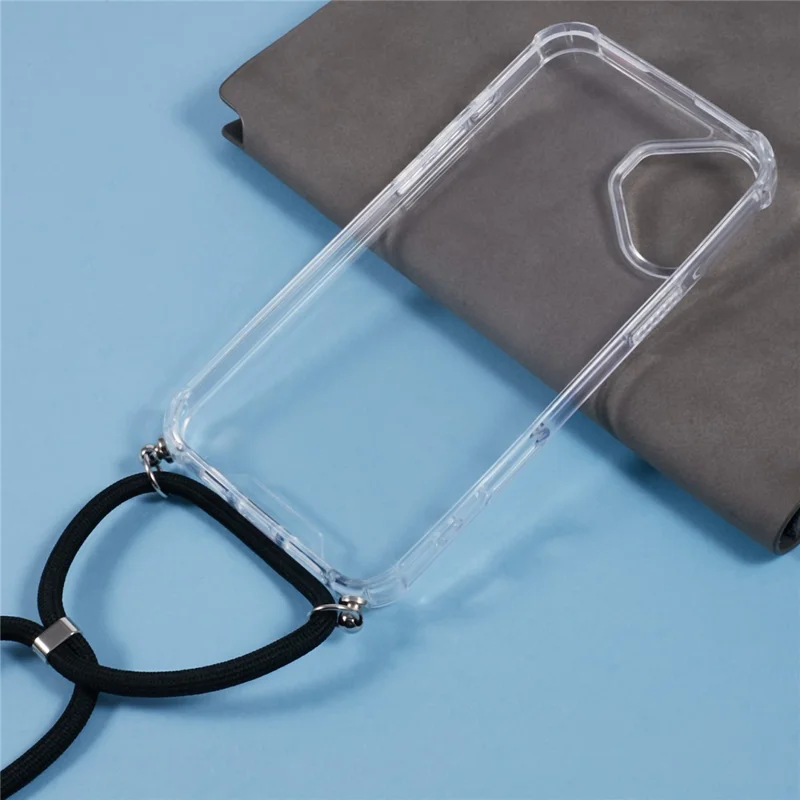 For iPhone 16 Plus Clear Case Acrylic + TPU Corners Shockproof Phone Cover with Lanyard - Black