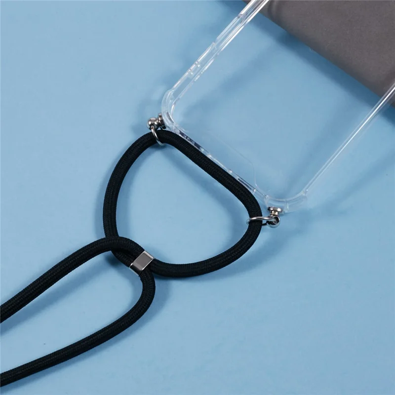 For iPhone 16 Plus Clear Case Acrylic + TPU Corners Shockproof Phone Cover with Lanyard - Black