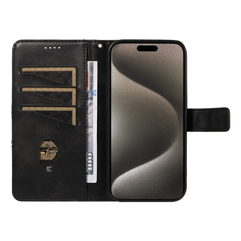 iPhone 15 Pro Max Hülle Kartenfächer Linien Muster PU-Leder Handyhülle mit Ständer - Schwarz