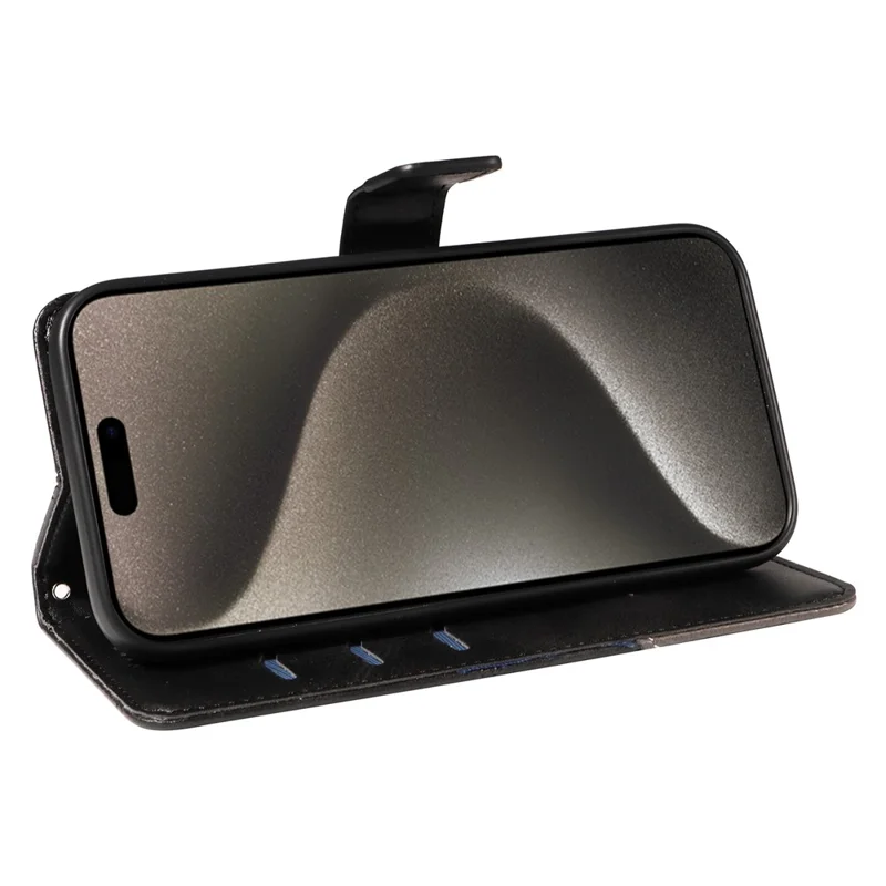 iPhone 15 Pro Max Hülle Kartenfächer Linien Muster PU-Leder Handyhülle mit Ständer - Schwarz