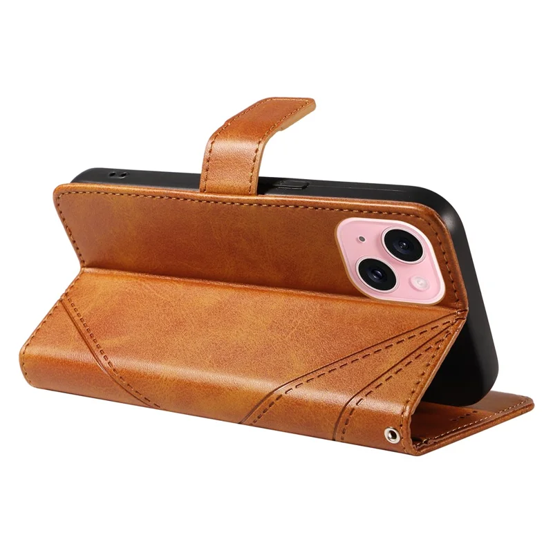 Capa para iPhone 15 em Couro PU Matte TPU Folio Wallet Phone Cover Geometric Lines - Marrom