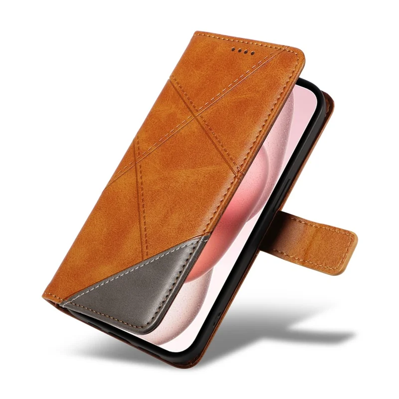 Capa para iPhone 15 em Couro PU Matte TPU Folio Wallet Phone Cover Geometric Lines - Marrom