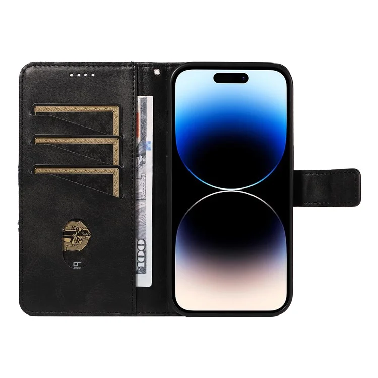 Pour iPhone 14 Pro Case PU Leather Geometric Lines Wallet Phone Cover Bookstyle Folding Stand - Noir