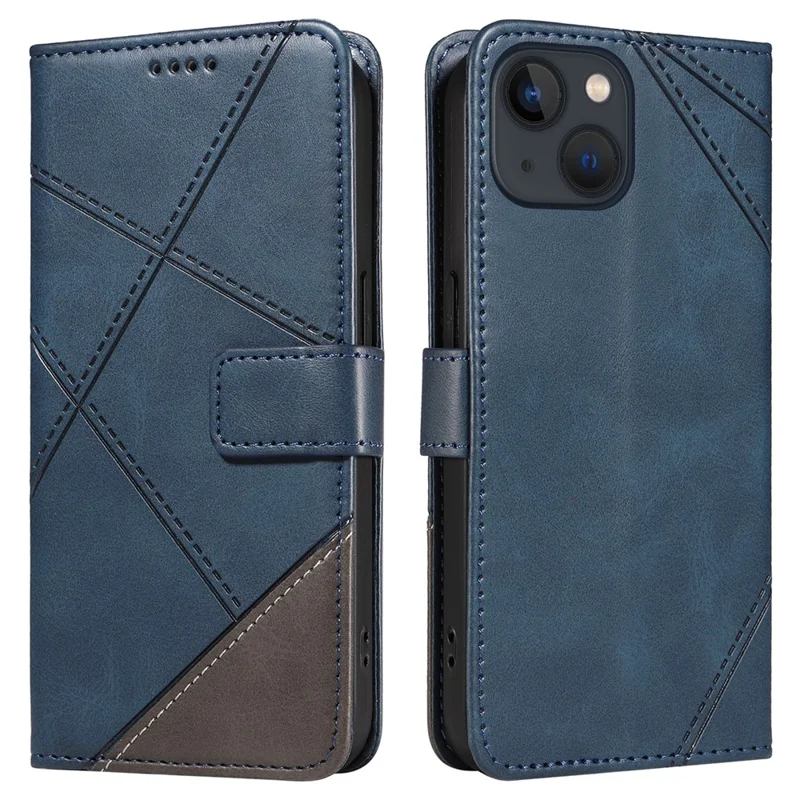For iPhone 14 Case Wallet Geometric PU Leather Phone Cover Calf Texture - Blue