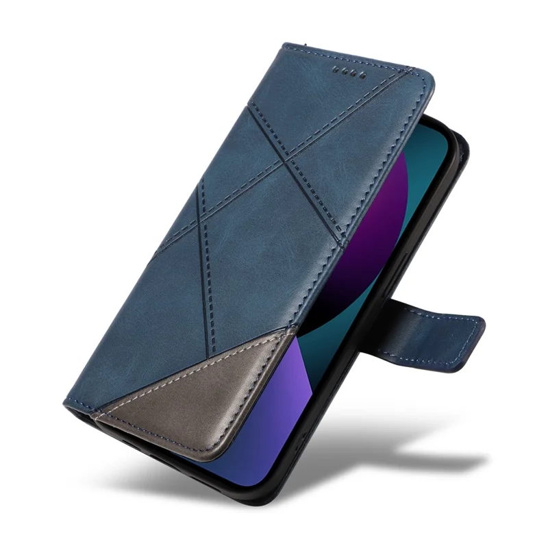 For iPhone 14 Case Wallet Geometric PU Leather Phone Cover Calf Texture - Blue
