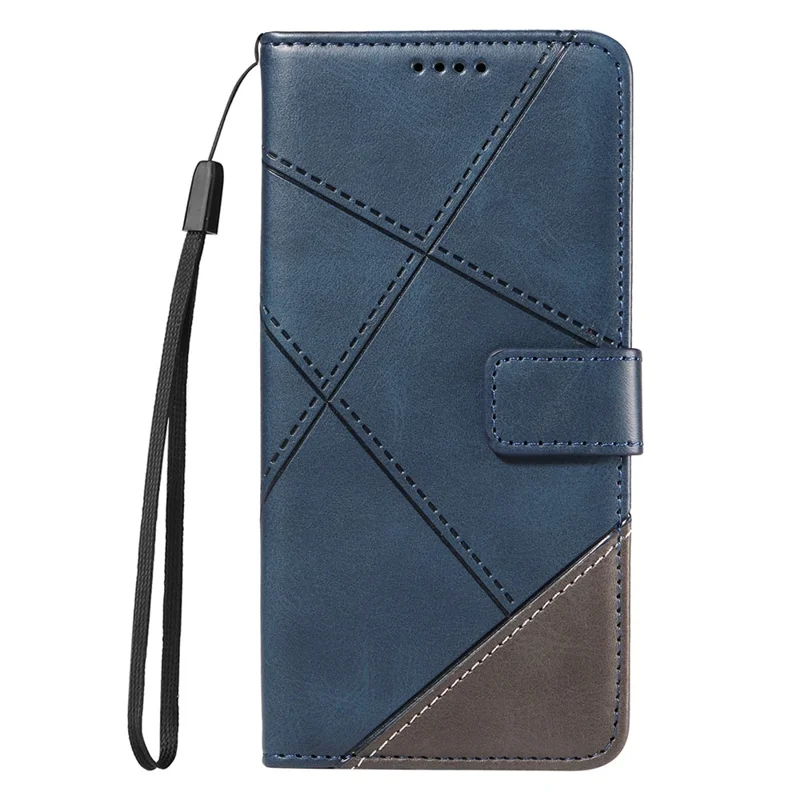 For iPhone 14 Case Wallet Geometric PU Leather Phone Cover Calf Texture - Blue