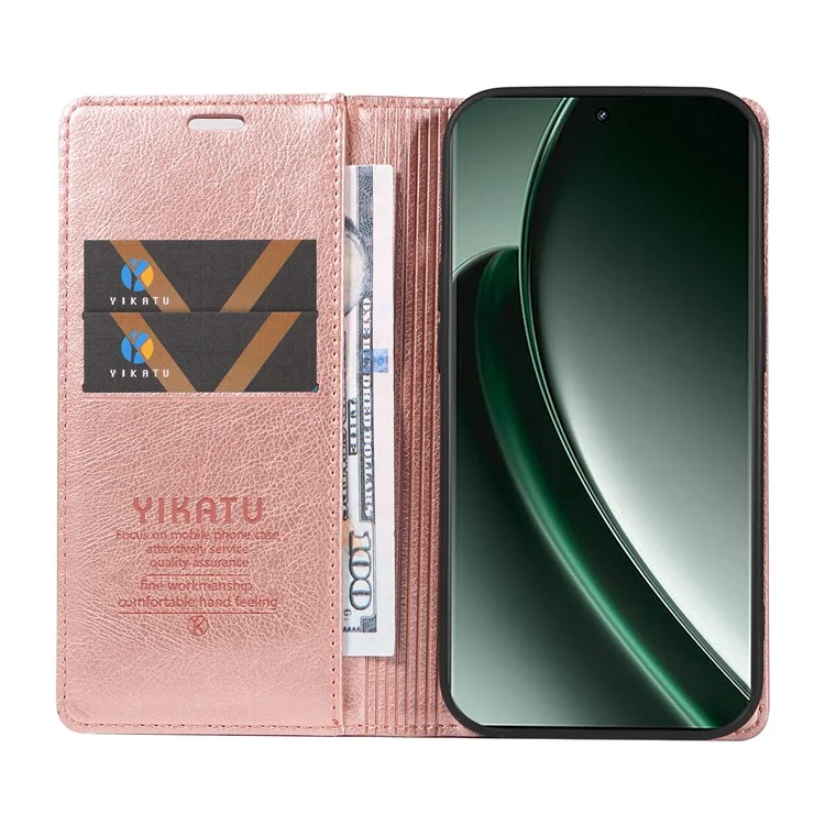 YIKATU YK-006 Para Realme GT 6 5G Caso Slots de Cartão Fechamento Magnético Capa de Telefone de Couro Textura de Lichia - Rose Gold