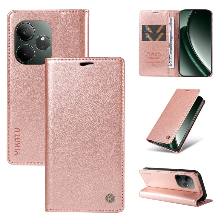 YIKATU YK-006 Para Realme GT 6 5G Caso Slots de Cartão Fechamento Magnético Capa de Telefone de Couro Textura de Lichia - Rose Gold