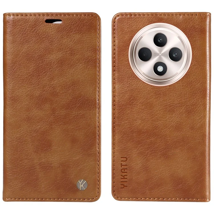 YIKATU YK-006 Pour Oppo Reno12 F 4G Étui Portefeuille en Cuir Grain de Litchi Housse de Téléphone Magnétique Auto-Absorbé - Marron