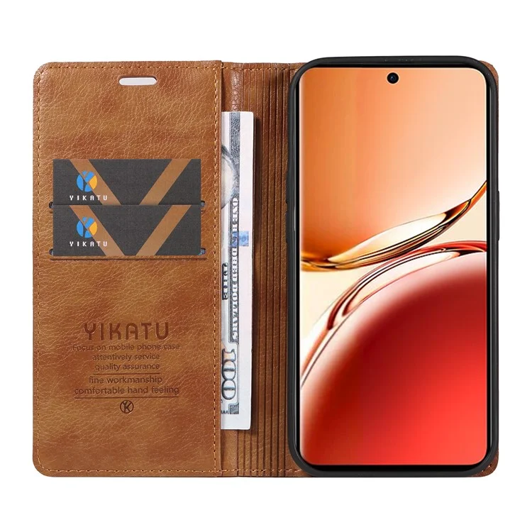 YIKATU YK-006 Pour Oppo Reno12 F 4G Étui Portefeuille en Cuir Grain de Litchi Housse de Téléphone Magnétique Auto-Absorbé - Marron