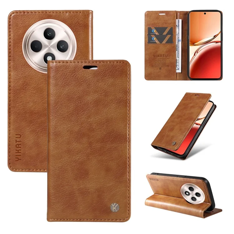 YIKATU YK-006 Pour Oppo Reno12 F 4G Étui Portefeuille en Cuir Grain de Litchi Housse de Téléphone Magnétique Auto-Absorbé - Marron