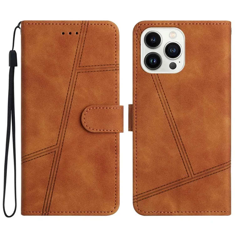 For iPhone 12 Pro Max 6.7 inch Skin-touch Feeling Anti-scratch Vintage PU Leather Phone Cover Lines Imprinted Flip Stand Shell Case with Wallet - Brown