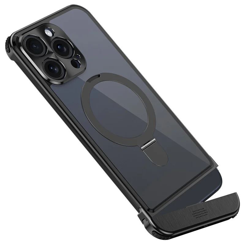 For iPhone 15 Pro Max Aromatherapy Case Acrylic+Aluminum Alloy Magnetic Kickstand Phone Cover - Black