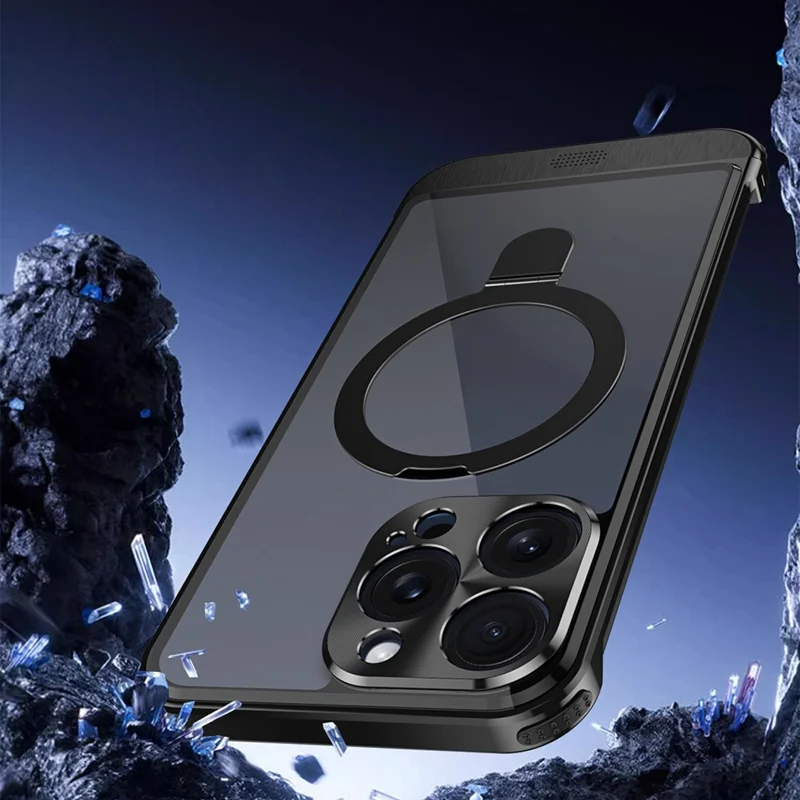 For iPhone 15 Pro Max Aromatherapy Case Acrylic+Aluminum Alloy Magnetic Kickstand Phone Cover - Black