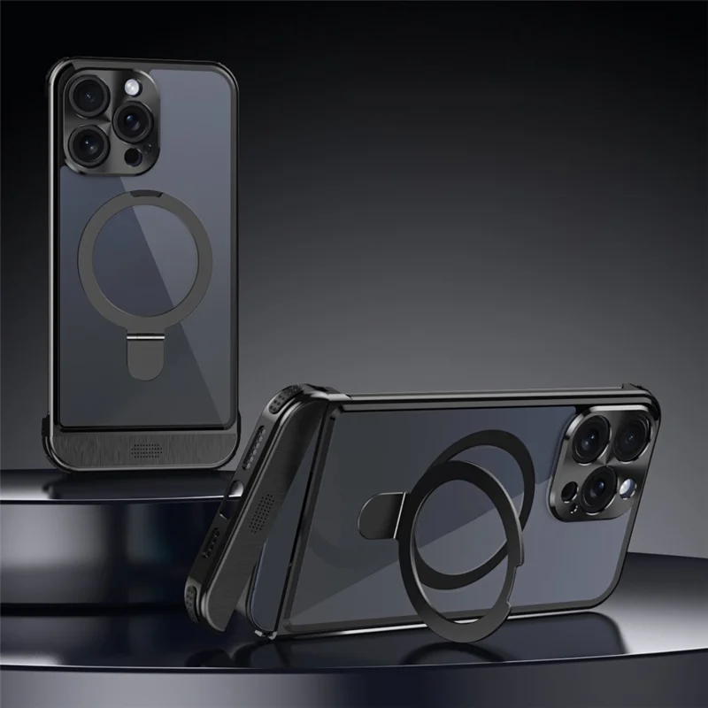 For iPhone 15 Pro Max Aromatherapy Case Acrylic+Aluminum Alloy Magnetic Kickstand Phone Cover - Black